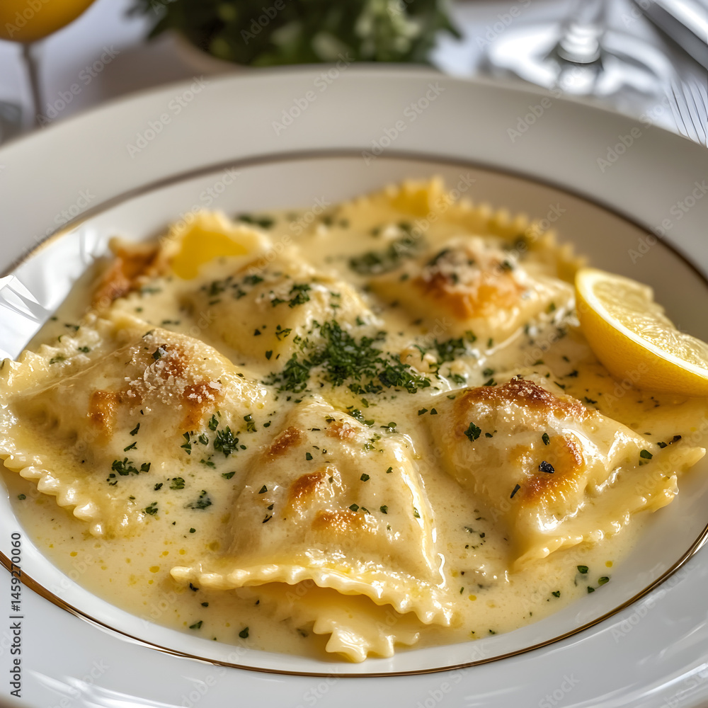 A Cheesy Crab Raviioli with a Lemon Cream Sauce A Cheesy Crab Raviioli with a Lemon Cream Sauce