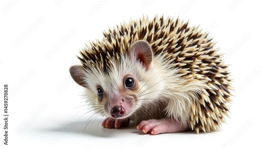 Obraz premium Tiny hedgehog curled in a ball, isolated on pure white background, grey, mammal, brown