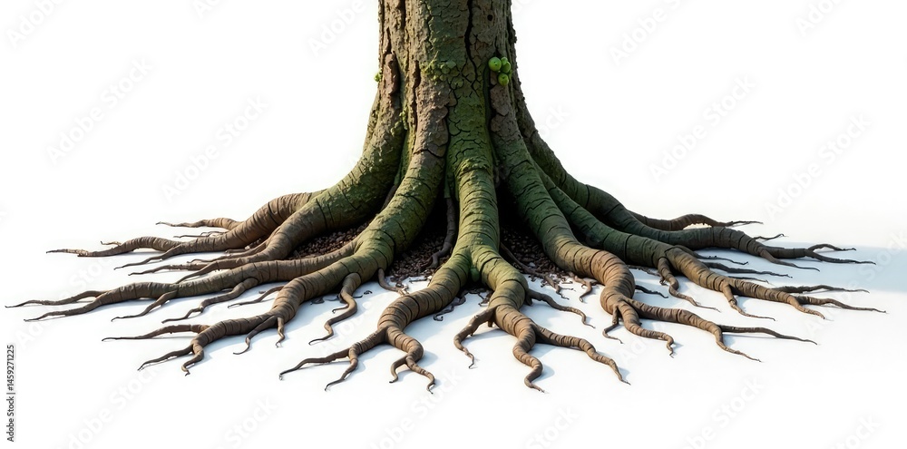 Fototapeta premium Tree's roots spread out across the ground against a stark white background, isolated, roots,