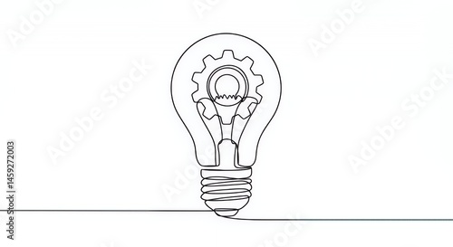 Ingenious Gear Idea:  A Single Line Drawing of a Light Bulb with a Gear Inside, Symbolizing Innovation and  Problem Solving