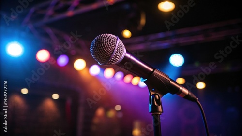 Close-up of a microphone on stage, illuminated by colorful lights, creating a vibrant atmosphere for performances or events.