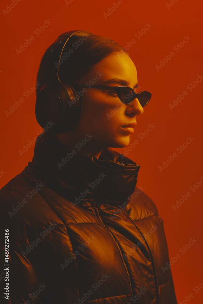 Close-up side view portrait of young serious woman in sunglasses, headphones and warm jacket, posing against red studio background in neon light. Concept of fashion, style, youth culture, trends