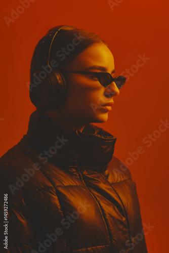 Close-up side view portrait of young serious woman in sunglasses, headphones and warm jacket, posing against red studio background in neon light. Concept of fashion, style, youth culture, trends