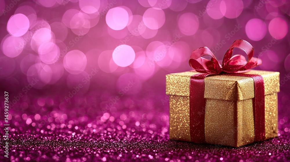 Golden gift box with red ribbon on a pink glittery background Golden gift box with red ribbon on a pink glittery background