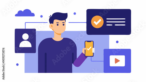 Identity Verification Process A stepbystep infographic showing a person scanning their ID validating it through a blockchain app and receiving a confirmation notification.