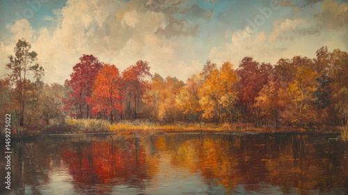Autumn trees reflecting in lake oil painting