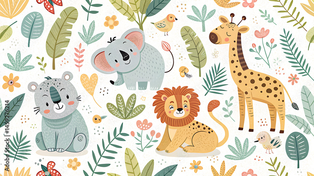 Obraz premium Cute Jungle Animals Illustration with Lion, Zebra, Elephant and More