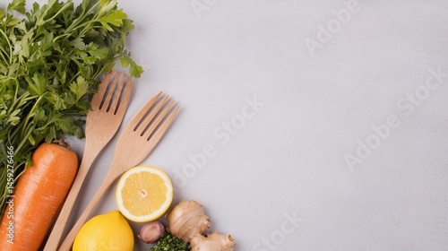 Fresh parsley, carrot, lemon, ginger, and wooden utensils on gray background, healthy cooking concept