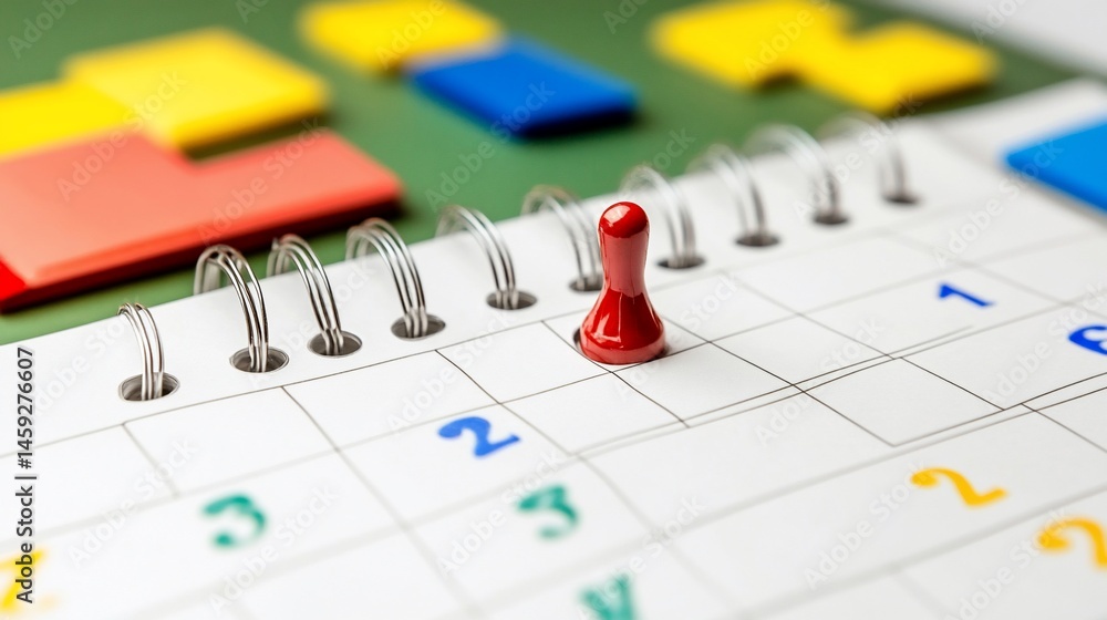Fototapeta premium A red pushpin marks a date on a spiral-bound calendar. Colorful sticky notes surround it