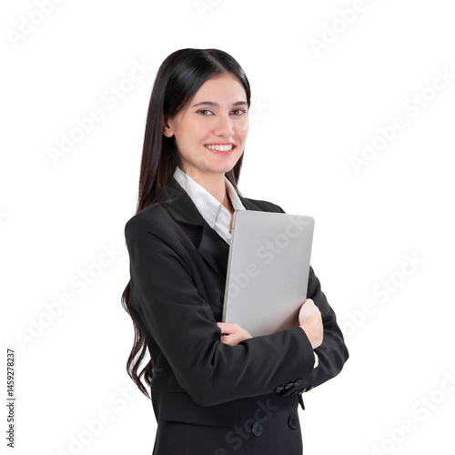 Confident young Asian businesswoman in black suit smiling and holding laptop in arms, standing isolated on a transparent background, professional female office worker, modern technology career success