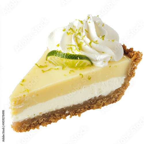 An enticing shot of a slice of key lime pie, its creamy filling resting on a graham cracker crust,