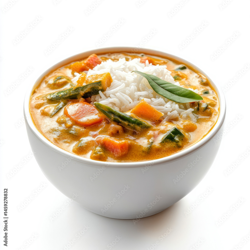 A bowl of vegetable theeyal, with a tangy curry made from vegetables, coconut, and tamarind, served A bowl of vegetable theeyal, with a tangy curry made from vegetables, coconut, and tamarind, served