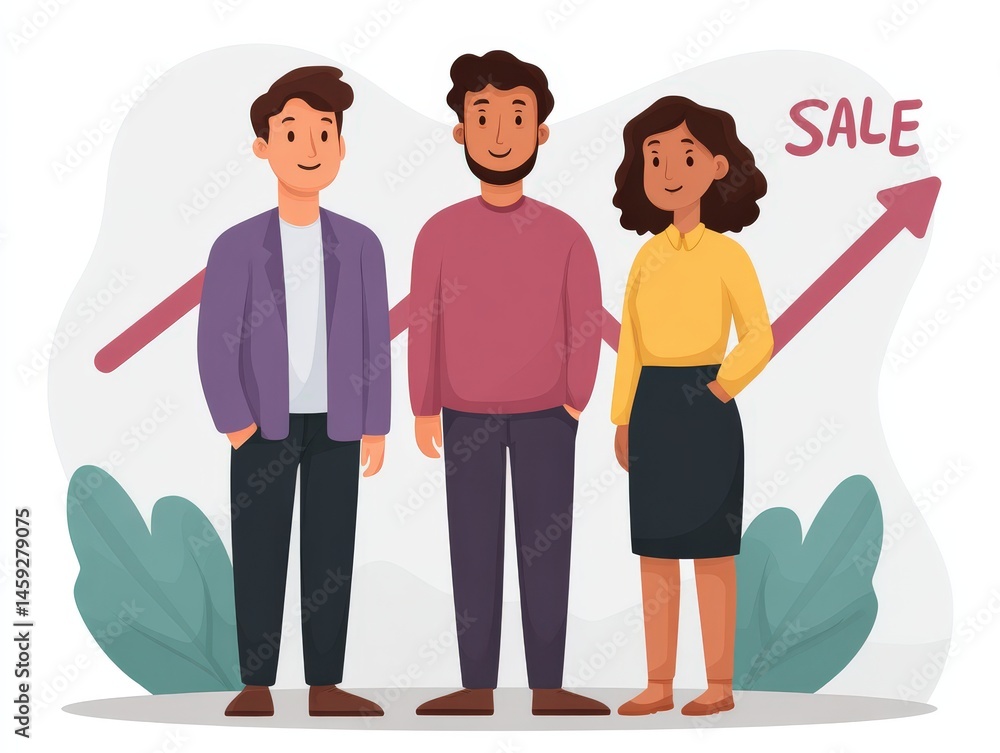 Fototapeta premium Group of three professionals collaboratively celebrating business success with positive sales growth represented by graph lines and uplifting expressions capturing teamwork and achievement