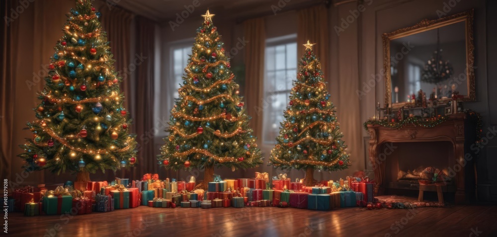 Fototapeta premium Ornate Christmas tree, vibrant lights, colorful gift piles , garland, presents, holiday cheer