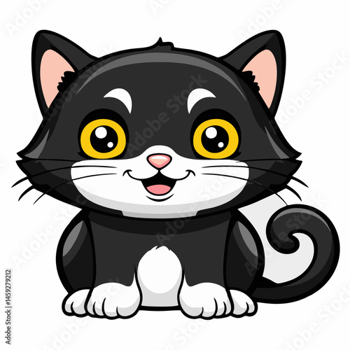 Cute cartoon cat vector, adorable feline illustration, Friendly cat graphic, big yellow eyes