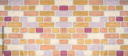 Colorful painted damaged rustic brick tile wall brickwork stonework masonry t...