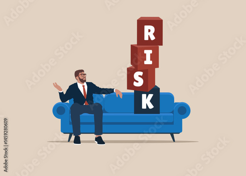 Businessman with cubics with the word RISK while comfortably sitting on a couch. Risk management, control or assess to lose money in investing. Flat vector illustration. 