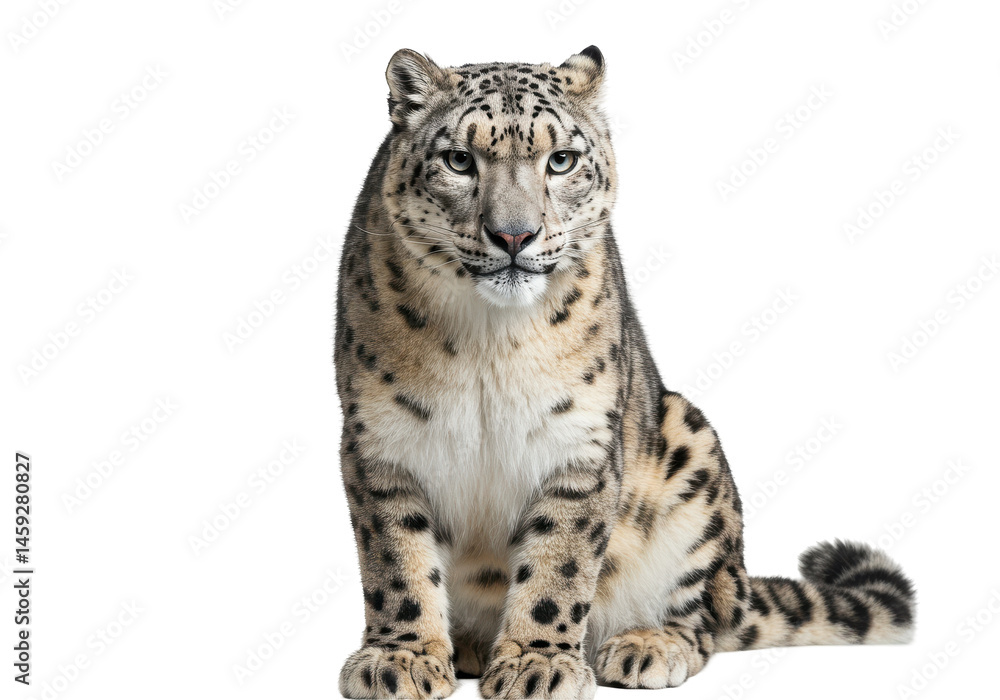 Naklejka premium Elegant snow leopard portrait sitting calmly against a stark black background