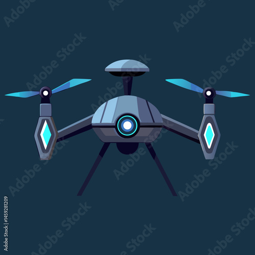 A black drone soaring against a bright blue background, showcasing its sleek design and aerial capabilities.