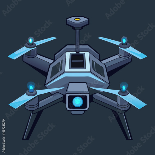 A black drone soaring against a bright blue background, showcasing its sleek design and aerial capabilities.
