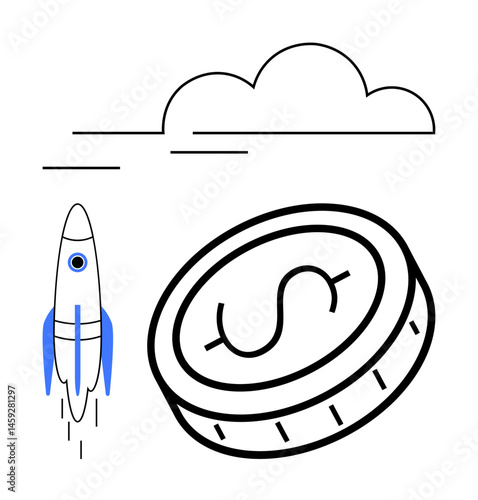 Rocket launching near a large coin beneath clouds symbolizing economic growth, innovation, and progress. Ideal for startup, finance, cryptocurrency, investment, business, growth simple landing page