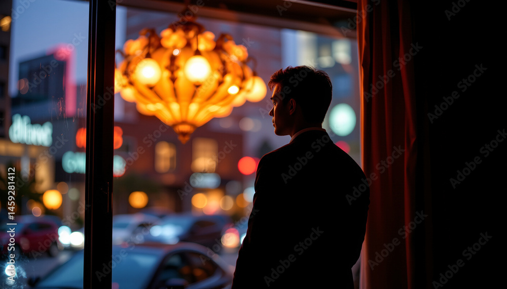 Obraz premium businessman silhouette against bokeh lit window, cinematic contrast