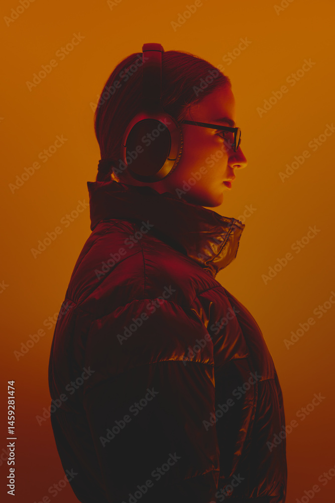 Woman wearing headphones, black jacket and sunglasses, posing against orange studio background in neon. Contemporary style and music. Concept of fashion, style, youth culture, beauty