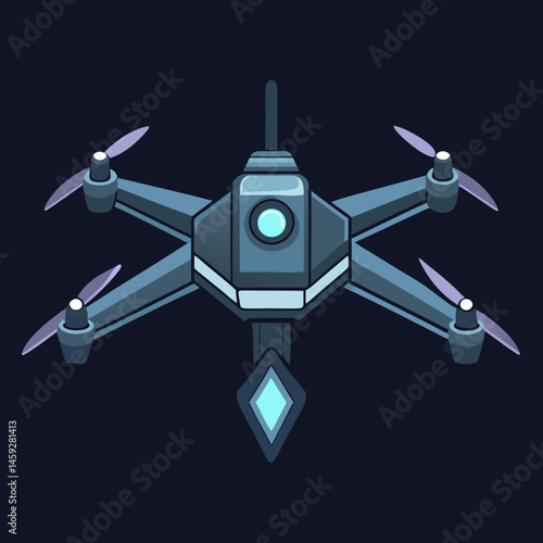 A black drone soaring against a bright blue background, showcasing its sleek design and aerial capabilities.