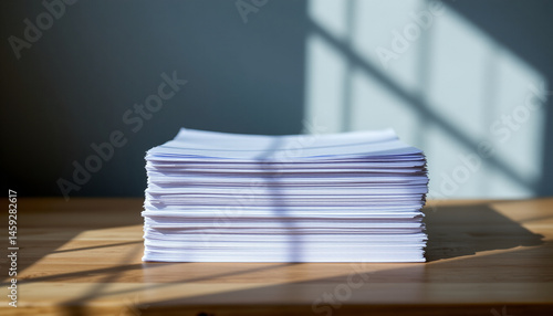 crisp white paper stack on wooden desk, muted blue shadows