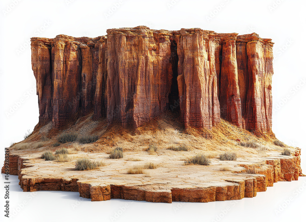 High-Quality Mesa Landscape Isolated on White Background Showing Detailed Rock Formations and Textured Desert Surface