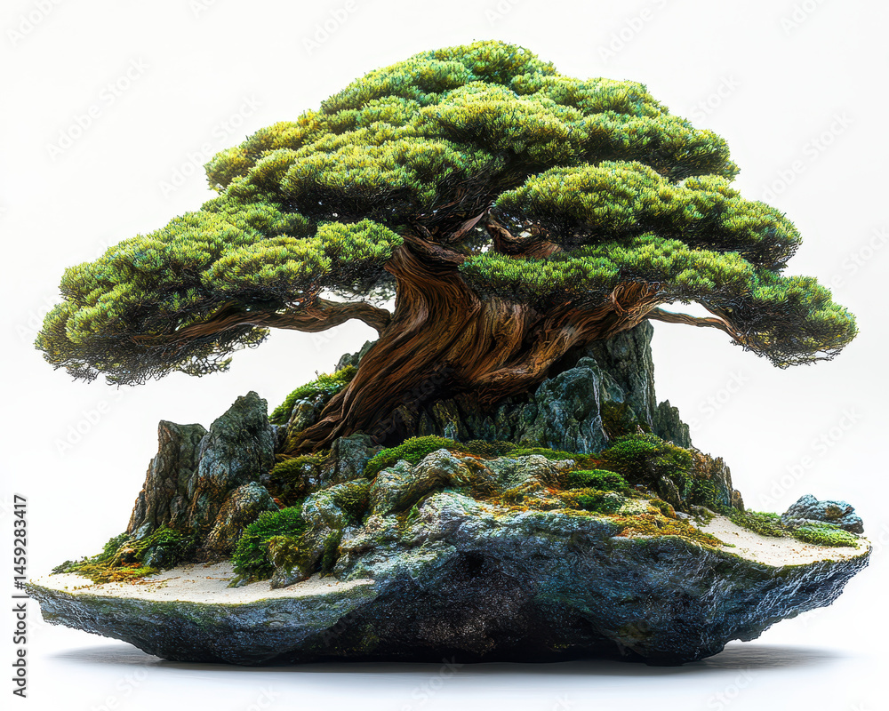 Bonsai Tree on Rock with Lush Green Foliage and Textured Bark Isolated on White Background