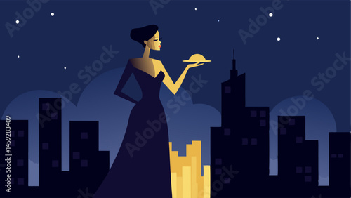 Stunning Silhouette Against the Cityscape The illustration captures the supermodels silhouette on an evening city rooftop. Dressed in an extravagant evening gown she holds a slice