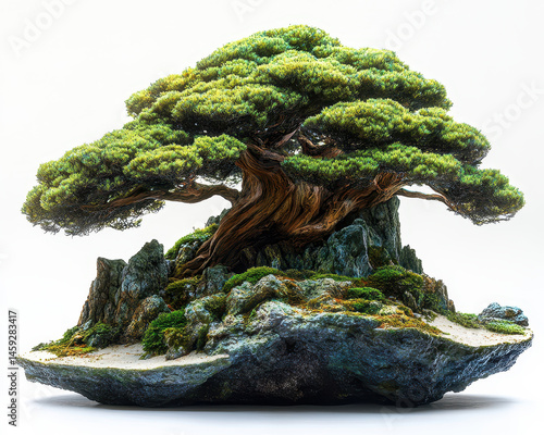 Obraz na płótnie Bonsai Tree on Rock with Lush Green Foliage and Textured Bark Isolated on White Background w salonie