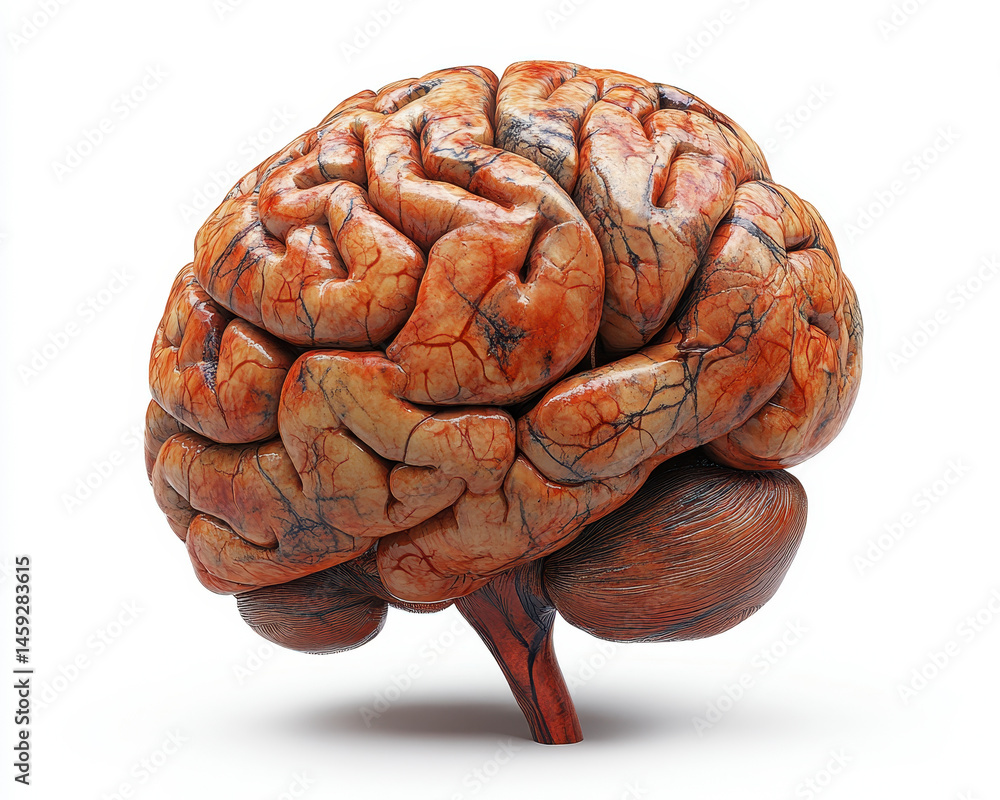 depiction of a human brain isolated on white background showcasing detailed cerebral anatomy and intricate vascular patterns