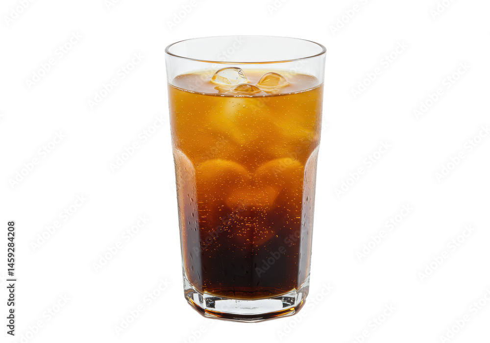 Fizzy Iced Beverage A clear glass filled with a layered dark and amber liquid topped with ice cubes against a black backdrop Fizzy Iced Beverage A clear glass filled with a layered dark and amber liquid topped with ice cubes against a black backdrop