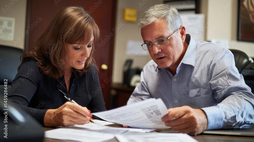 Fototapeta premium An insurance company agent reviewing paperwork with a new client, offering advice on health insurance policies and explaining various coverage options