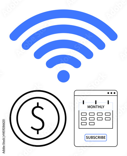 wireless signal symbol in blue above a dollar icon and a monthly subscription calendar. Ideal for subscription model, digital payments, connectivity, streaming, recurring billing, internet services