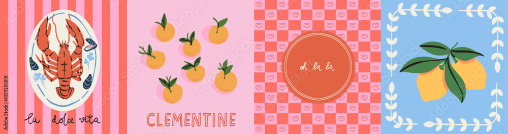 Summer in Amalfi or Sicily Italy. Vector illustration of postage stamps with image of tangerines, lemons, lobster for cafe or restaurant wall art, poster, placard print. Mediterranean vacation element Summer in Amalfi or Sicily Italy. Vector illustration of postage stamps with image of tangerines, lemons, lobster for cafe or restaurant wall art, poster, placard print. Mediterranean vacation element