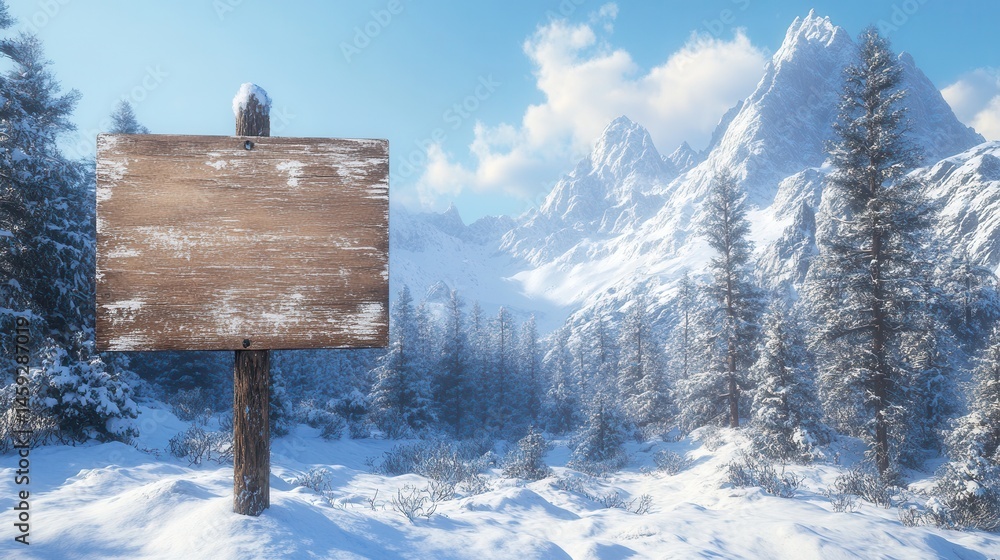 Fototapeta premium Blank Wooden Signpost in a Snowy Mountain Winter Landscape