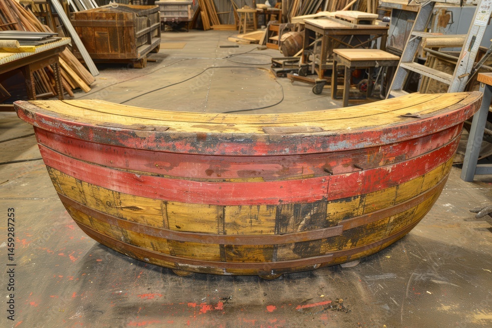 Fototapeta premium Old wooden boat with colorful paint, partially constructed in a workshop.