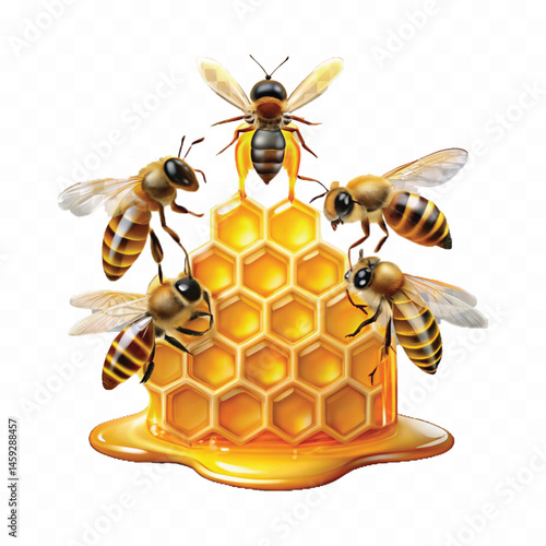 realistic bees extracting honey from a glossy honeycomb dripping liquid honey isolated on transparent background