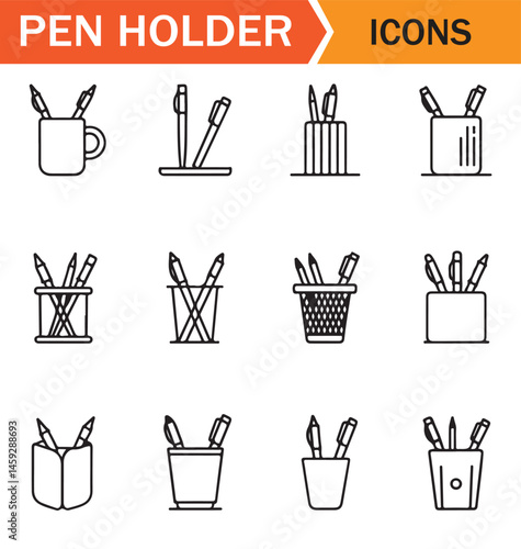 Collection of line art icons featuring pencil holders with various designs, perfect for school, office, or stationery-related digital projects.