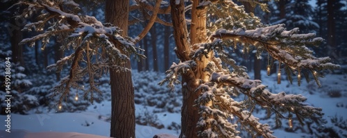 Twinkling lights draped across a snow-dusted pine tree ,  background,  bright,  winter scene