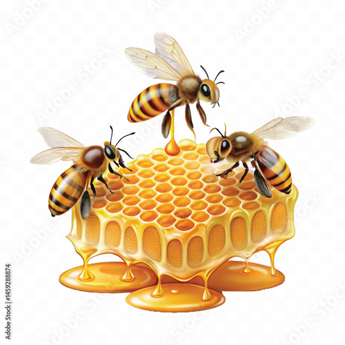 realistic bees extracting honey from a glossy honeycomb dripping liquid honey isolated on transparent background