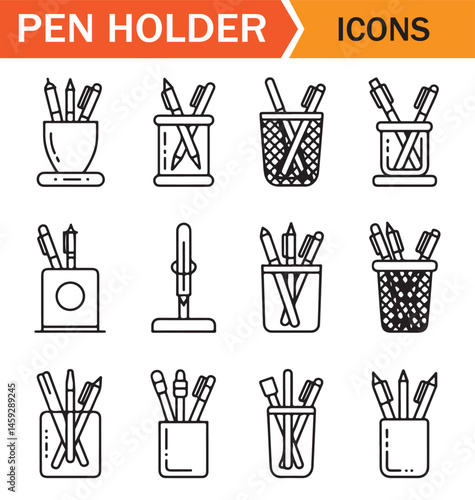Collection of line art icons featuring pencil holders with various designs, perfect for school, office, or stationery-related digital projects.