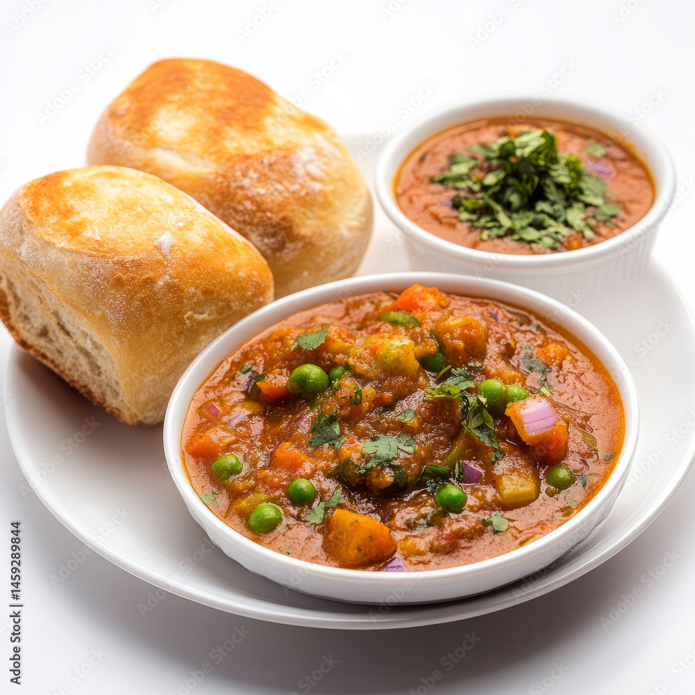 A close-up of a pav bhaji, with a spicy vegetable curry served with buttered bread rolls, isolated A close-up of a pav bhaji, with a spicy vegetable curry served with buttered bread rolls, isolated