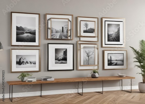 Chic gallery wall mockup; various frame sizes, orientations, modern decor,  home decor,  house,  frames