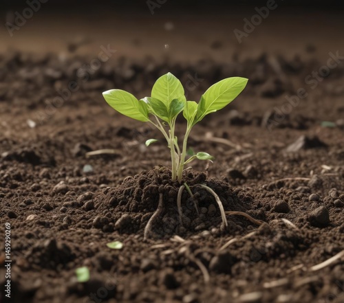 Bean sprout emerges from soil, early growth stage,  detail,  growth,  botany