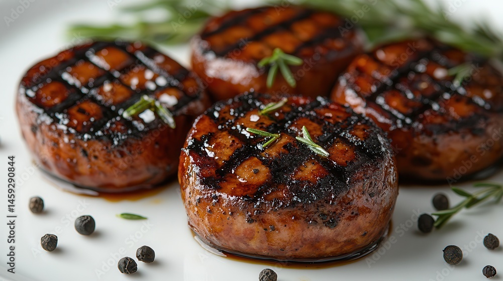 Close up of Four Grilled Meat Patties with Rosemary and Peppercorns Close up of Four Grilled Meat Patties with Rosemary and Peppercorns