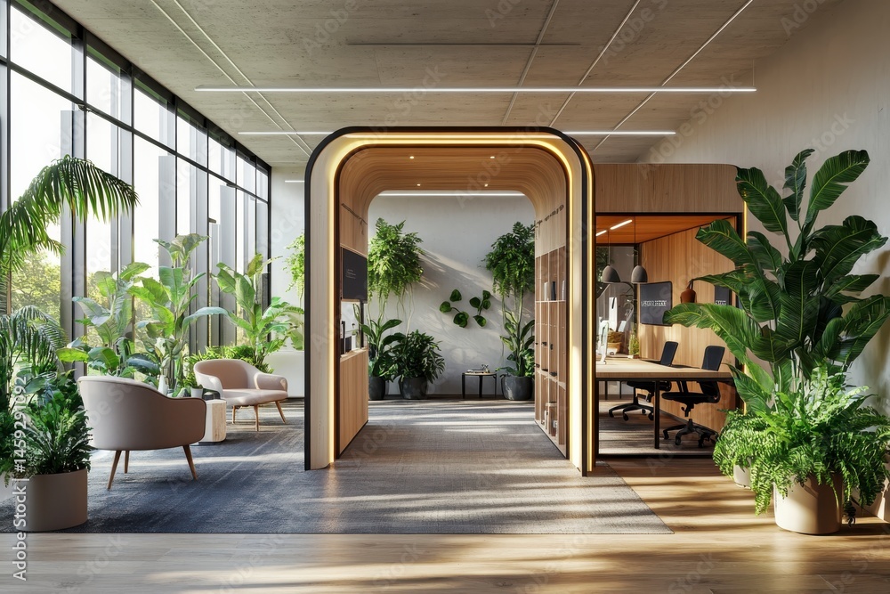 Modern Office Interior with Natural Light and Abundant Greenery Modern Office Interior with Natural Light and Abundant Greenery